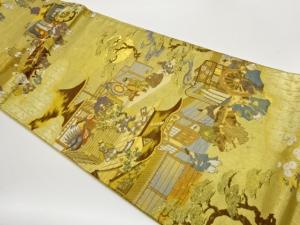 屋敷に時代人物・松・御所車模様織出し袋帯